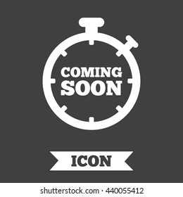 Coming soon sign icon. Promotion announcement symbol. Graphic design element. Flat coming soon symbol on dark background. Vector
