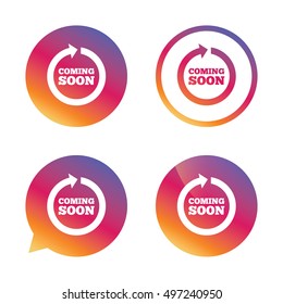 Coming soon sign icon. Promotion announcement symbol. Gradient buttons with flat icon. Speech bubble sign. Vector
