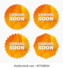 Coming soon sign icon. Promotion announcement symbol. Triangular low poly buttons with flat icon. Vector