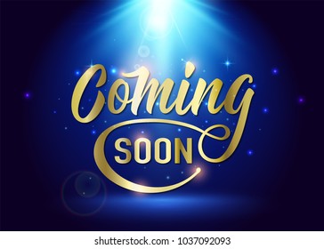 Coming soon sign. Promotion announcement banner with gold text, shine particles on spotlight mystery blue background. Vector illustration