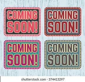 Coming soon signboard. Vintage signboard with glowing bulb lamp. Vector illustration.