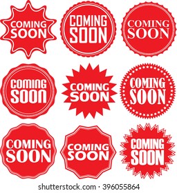 Coming Soon Signs Set, Coming Soon Sticker Set, Vector Illustration