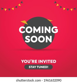 Coming soon. Coming soon social media and facebook post with you are invited in black and red color. You are invited we are Coming soon marketing minimalistic poster banner. 