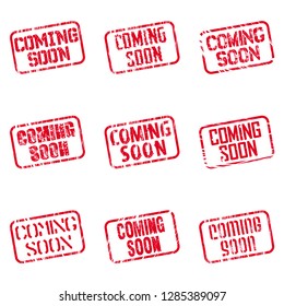 Coming soon. Square imprint, red lettering