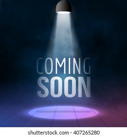 Coming soon stage illuminated with light spotlight. Stage realistic film poster vector illustration. Sale market commerce blank concept. svg