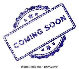 Coming Soon stamp seal. Vector element with grainy design and dirty texture in blue color. Designed for overlay watermarks and grunge textured rubber seal imitations.