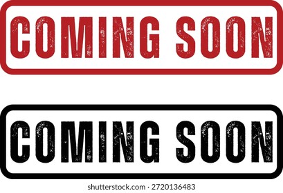 Coming soon stamp set, red and black rectangular grunge label vector

