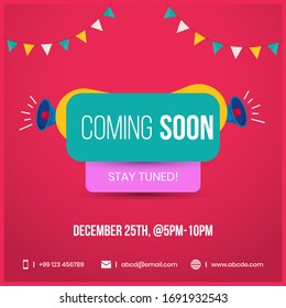 Coming Soon Stay Tuned With Megaphone Speakers Facebook  Announcement Post In Red Background. Coming Soon Social Media Marketing And Promotional Banner Template.