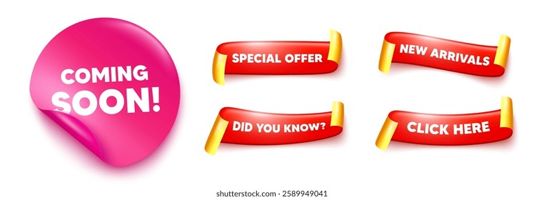 Coming soon sticker, offer ribbons. New arrivals, Click here. Coming soon tag. Promotion banner sign. New product release symbol. Pink sticker tag. Flag ribbon banners. Vector