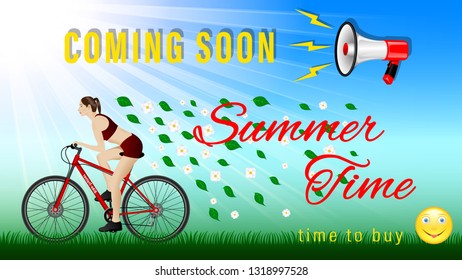 Coming soon Summer time. Woman practicing on a bike under a megaphone, side view. Outdoor, Sunny weather, green grass, flying leaves and flowers. Sport and recreation. Realistic Vector Illustration