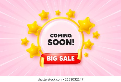 Coming soon sunburst ray banner. Big sale flag ribbon. Coming soon tag. Promotion banner sign. New product release symbol. 3d stars glitter. Red ribbon tag. Discount offer. Vector