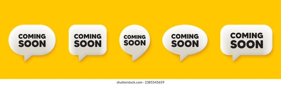 Coming soon tag. 3d chat speech bubbles set. Promotion banner sign. New product release symbol. Coming soon talk speech message. Talk box infographics. Vector