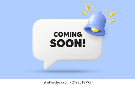 Coming soon tag. 3d speech bubble banner with bell. Promotion banner sign. New product release symbol. Coming soon chat speech message. 3d offer talk box. Vector