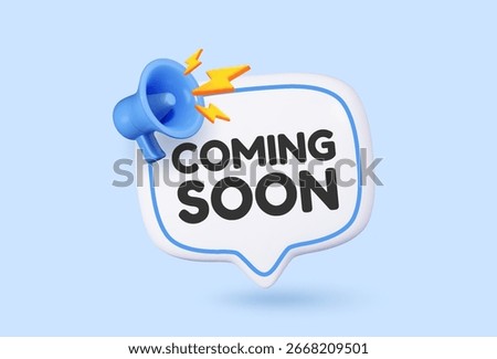 Coming soon tag with 3D speech bubble and megaphone. Modern promotional banner design with a megaphone for new product releases, special announcements, or marketing campaigns. Vector illustration.