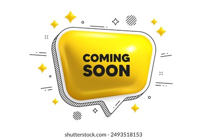 Coming soon tag. Chat speech bubble 3d icon. Promotion banner sign. New product release symbol. Coming soon chat message. Speech bubble banner with stripes. Yellow text balloon. Vector