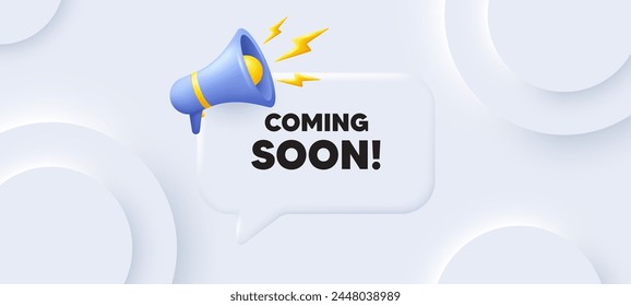 Coming soon tag. Neumorphic 3d background with speech bubble. Promotion banner sign. New product release symbol. Coming soon speech message. Banner with megaphone. Vector