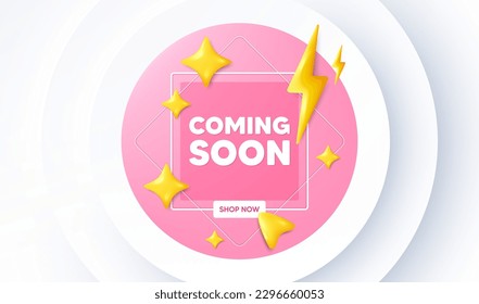 Coming soon tag. Neumorphic promotion banner. Promotion banner sign. New product release symbol. Coming soon message. 3d stars with energy thunderbolt. Vector