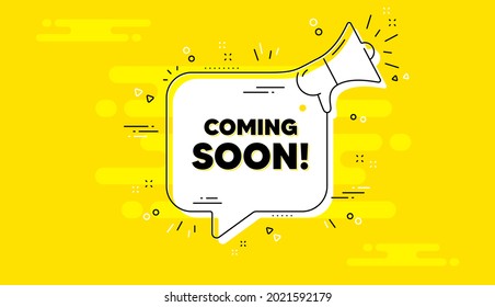 Coming soon text. Alert megaphone yellow chat banner. Promotion banner sign. New product release symbol. Coming soon chat message loudspeaker. Alert megaphone background. Vector