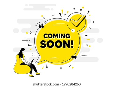 Coming soon text. Check mark chat bubble banner with people. Promotion banner sign. New product release symbol. Coming soon approved chat message. Checklist user background. Vector