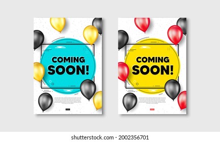 Próximamente el texto. Afiches de volante con globos realistas cubiertos. Cartel de promoción. Nuevo símbolo de lanzamiento de producto. Próximamente, los afiches de marco de texto serán blancos. Los globos se cubren. Vector