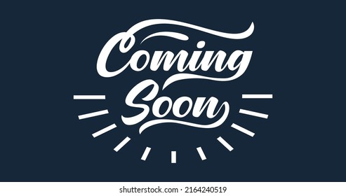 Coming soon text hand lettering with smooth lines in white color on dark blue background