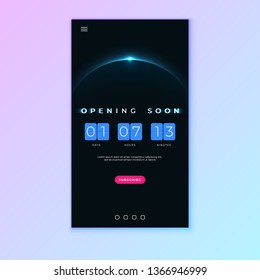 Coming Soon text on abstract Sunrise Dark Background with Flip countdown clock counter timer. Design Concept for sale, web, promotion announce, template design, under constuction page.