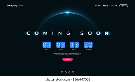 Coming Soon text on abstract Sunrise Dark Background with Flip countdown clock counter timer. Design Concept for sale, web, promotion announce, template design, under constuction page.