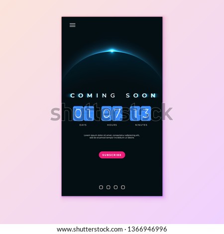 Coming Soon text on abstract Sunrise Dark Background with Flip countdown clock counter timer. Design Concept for sale, web, promotion announce, template design, under constuction page.