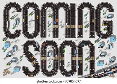coming soon text on top view road background with cars in winter with grey snow