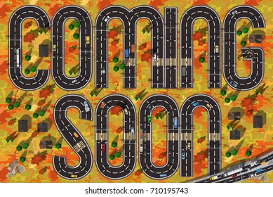 coming soon text on top view road background with cars in autumn with red trees