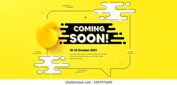 Coming soon text. Quote chat bubble background. Promotion banner sign. New product release symbol. Coming soon quotation chat message. Text frame banner. 3d quote. Vector
