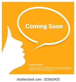 Coming Soon Text Realistic female annonce Yellow background Speech Bubble