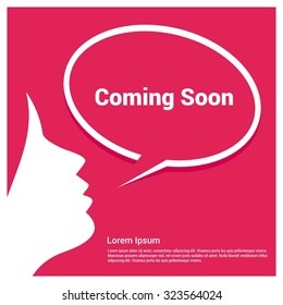 Coming Soon Text Realistic female annonce Pink background Speech Bubble