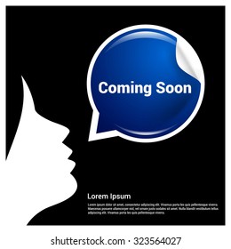 Coming Soon Text Realistic female annonce Blue background Speech Bubble