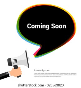 Coming Soon Text Realistic man hand annonce Speech Bubble