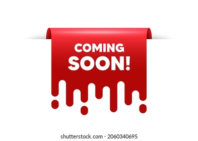 Coming soon text. Red ribbon tag banner. Promotion banner sign. New product release symbol. Coming soon sticker ribbon badge banner. Red sale label. Vector