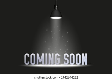 Coming soon text under spotlight. Vector illustration isolated on black