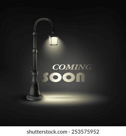 Coming Soon Text Under Street Lamp. Vector Illustration.