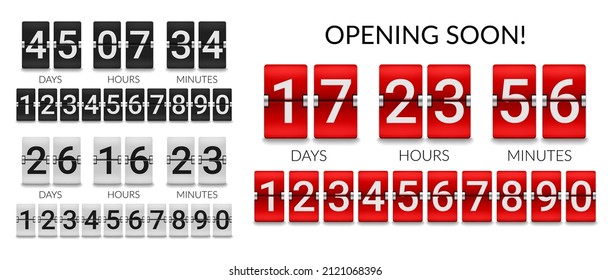 Coming soon time chronometer. Flip countdown clock counter, count down flip board or mechanical countdown scoreboard with numbers on red, black and white displays, opening soon 3d vector timer