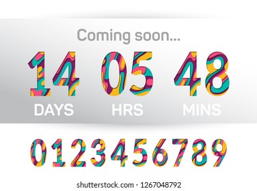 Coming soon time countdown graphic design. Paper cut 3D multi layers numbers, figures. Countdown clock counter timer vector template for website. Papercut style time remaining count down scoreboard.