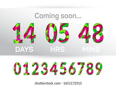Coming soon time countdown graphic design. Paper cut 3D multilayer numbers, figures. Countdown clock counter timer vector template for website. Papercut style time remaining count down scoreboard.