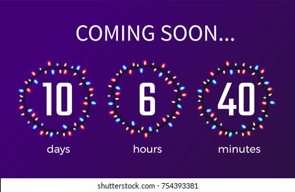 Coming soon timer showing days, hours and minutes, numbers put in circles composed of colorful garlands on vector illustration isolated on purple