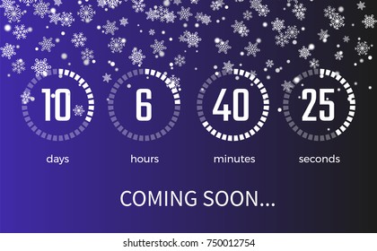 Coming soon timer that shows days and hours, minutes and seconds, icons of snowflakes as decoration placed above vector illustration isolated on blue