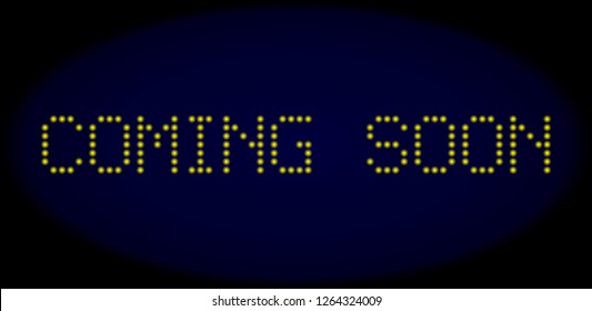 Coming Soon title in LED style with round glowing pixels. Vector shiny yellow symbols forms Coming Soon title on a dark blue background. Digital font with round elements.
