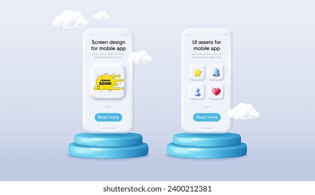 Coming soon transition bubble. Phone mockup on podium. Product offer 3d pedestal. Cartoon face character chat message. Yellow flow banner icon. Background with 3d clouds. Vector