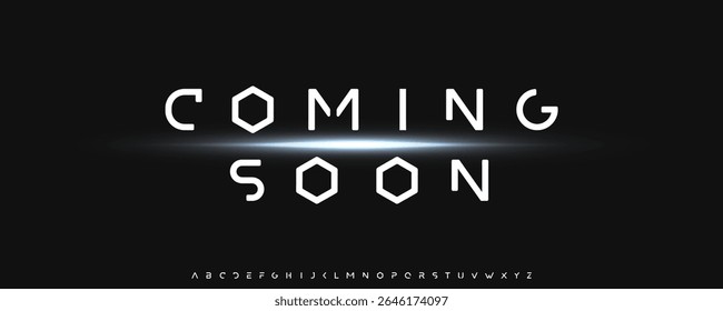 Coming soon typographic design, futuristic banner with glowing light and hexagon font. Sci-fi minimal template for web launch, tech promo, UI UX update. Innovative typography. Vector illustration