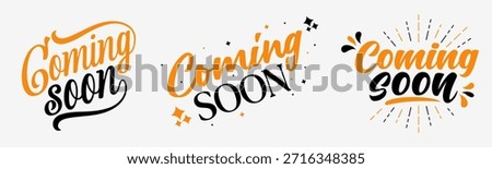 Coming soon typography designs illustrated as vector set featuring announcement phrases suitable for social media posts, promotional banners, website headers, and digital announcement layouts