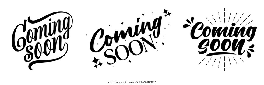 Em breve, a tipografia projeta um conjunto de vetores com frases de anúncio adequadas para banners monocromáticos, posts em mídias sociais, cabeçalhos de sites e layouts digitais