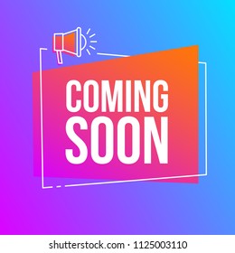 Coming soon, vector abstract dynamic gradient sign illustration with loudspeaker, new
label design for sale. Business  advertising thin line web icons, promotion announce tag, sticker, announcement.