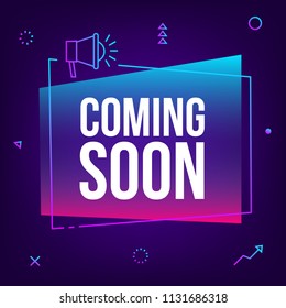 Coming soon. Vector abstract gradient sign illustration with loudspeaker, new
label design for sale. Business  advertising thin line web icons, promotion announce tag, sticker, announcement.